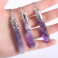 natural stone crystal pillar pendant necklace faceted cone amethysts opal necklace alloy chain jewelry for women gift box