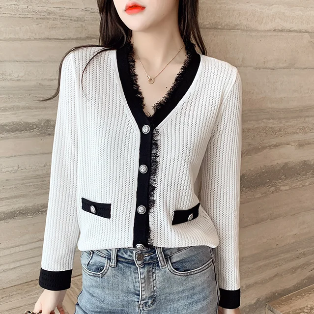 

2021 Autumn korean Woman Cardigan Sweater Fashion V-Neck Black Knited Single Breasted Cardigans Tops Female cropped sweaters
