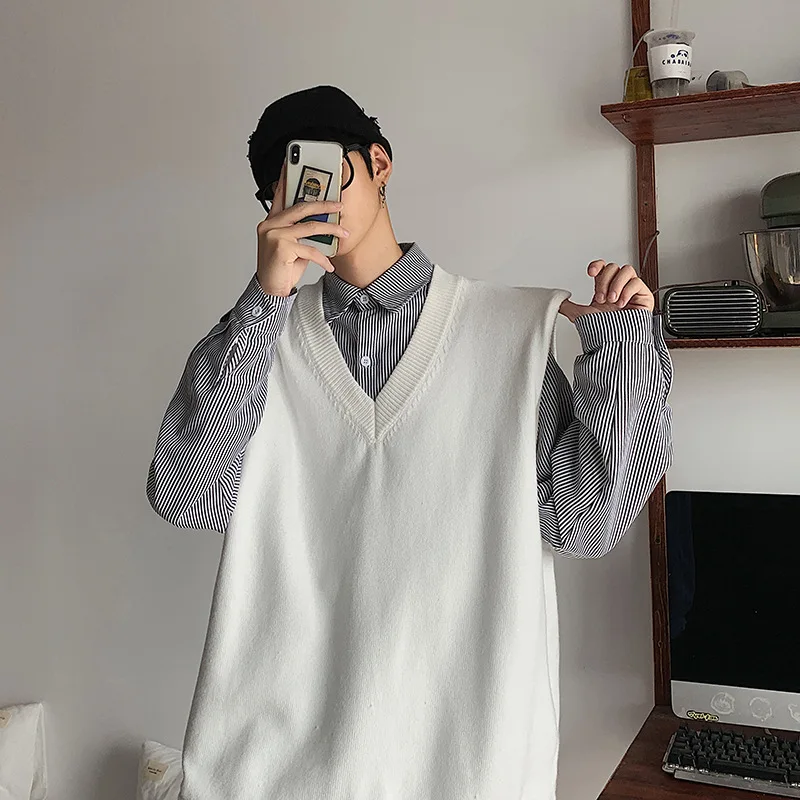 

Pullover Sweater Men Spring Autumn V Neck Vest Sweater Men Loose Sleeveless Casual Solid Knitted Sweater Men Korean Clothes