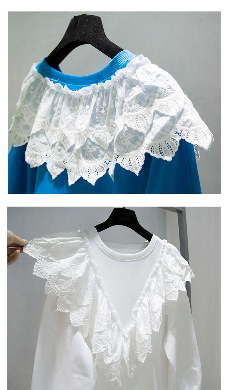 

2021 Spring Autumn Lace Round Neck Female Top Plus Size Solid Sweatshirt Korean Ins Idle Style Pullover Long Sleeve Hoodie