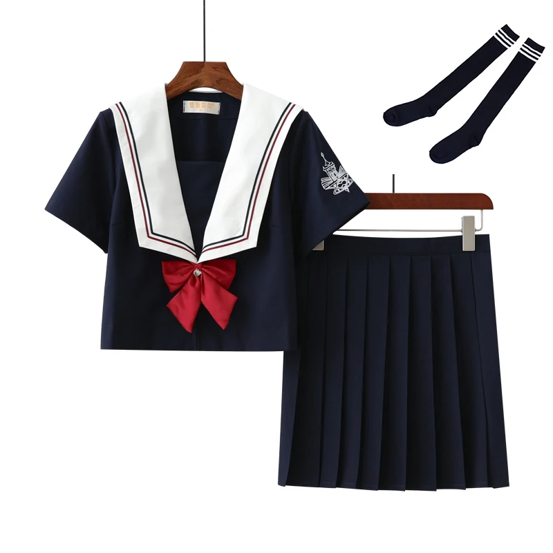Short Set With Socks Uhyd S-XXL Зимняя школьная форма хор Униформа моряков синяя школьная девушка аниме костюмы топ юбка и кардиган - Цвет: Short Set With Socks