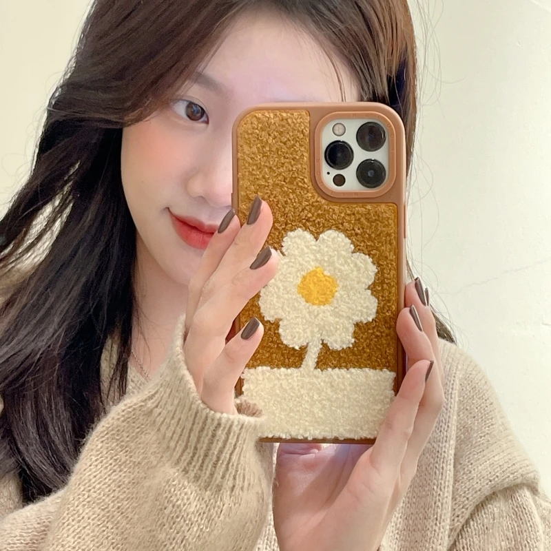 

Korean Cute Fuzzy Plush Flowers Phone Case For iPhone 11 12 13 Pro XS Max X XR 7 8 Plus Winter Shockproof Soft Back Cover