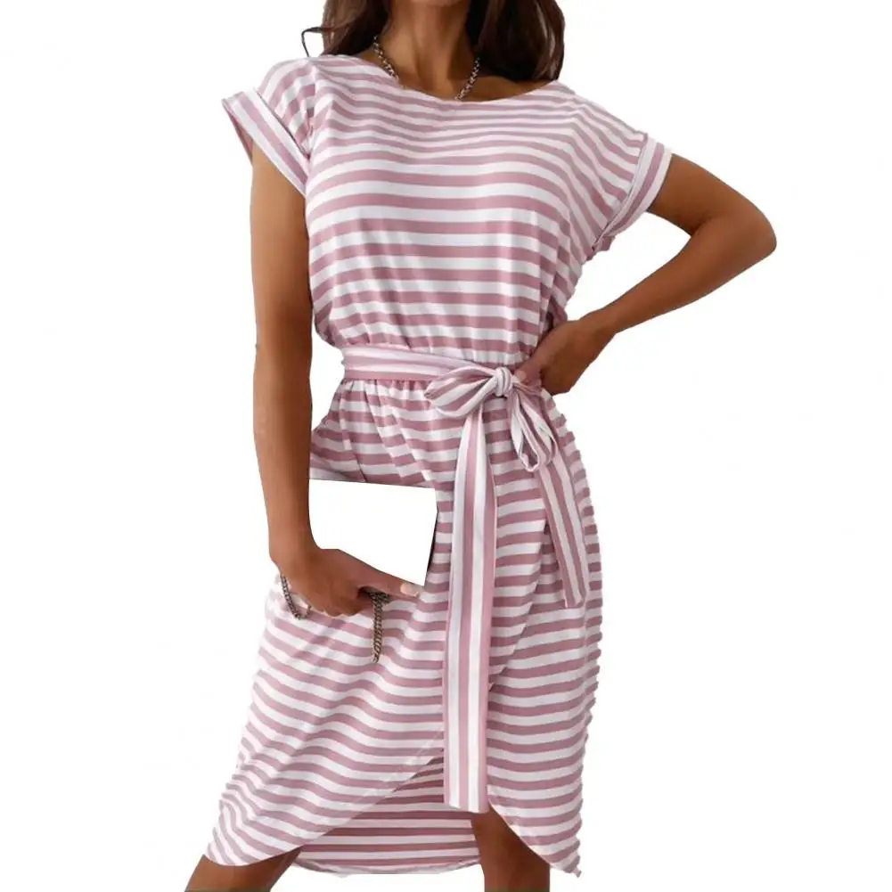 

Summer Dress Striped Irregular Hem Women Round Neck Short Sleeve Dress Boho Sexy Party Sundress Vestidos For Female