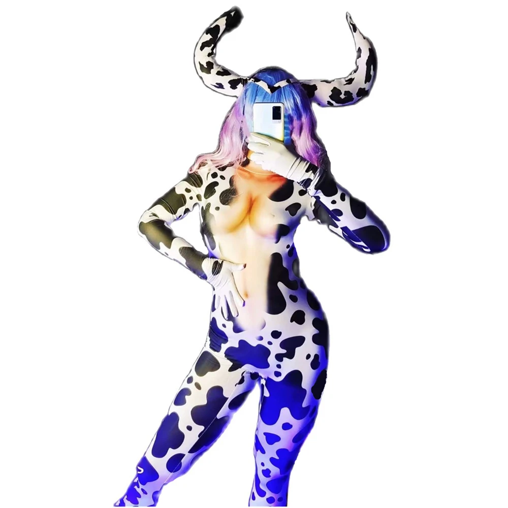 

Cow Jumpsuit Suit Animal Headwear Bodysuit Set Women Long Sleeves Rompers Party Halloween Cosplay Dance Stage Nightclub Costume
