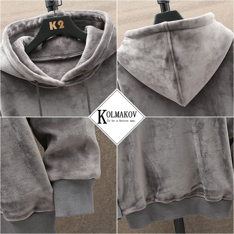 

KOLMAKOV Autumn/Winter Men's Pleuche Pullover Hoodie Sweatshirts Casual Thickened with Double Velvet Coat Male 2 Color Size 3XL