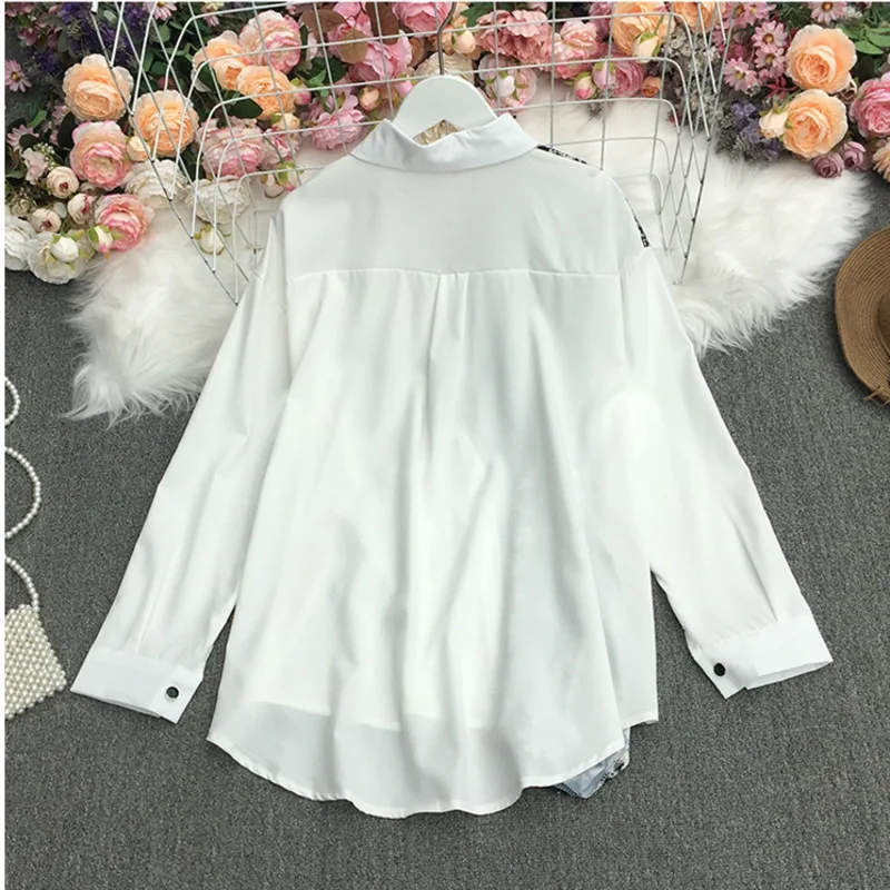 

IEQJ Women White Casual Big Size Irregular Spliced Printed Blouse New Lapel Long Sleeve Loose Shirt Fashion Summer 2021 3F0405