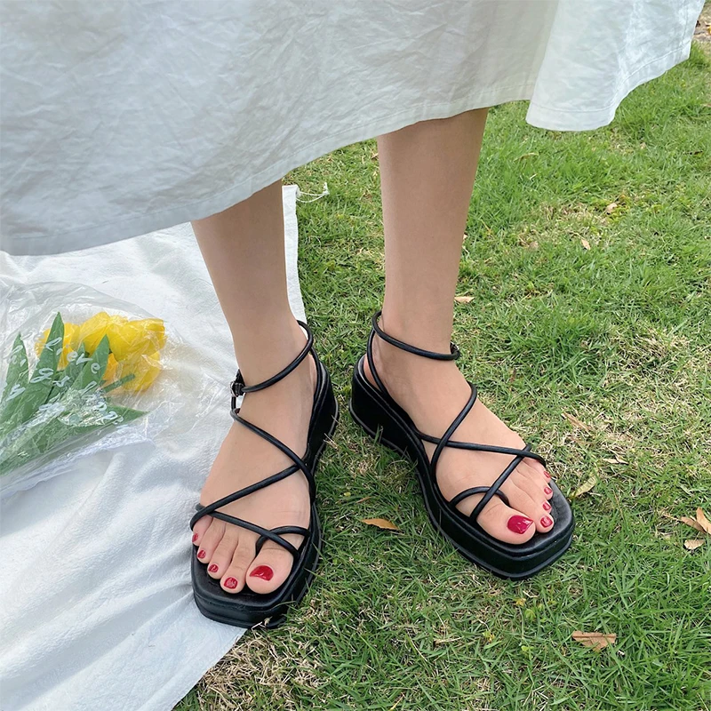 

Women White Sandals Summer 2021 Square Toes Heels Shoes Lady Chunky Soles Wedges Sandals Fashion Women High Platform Sandals