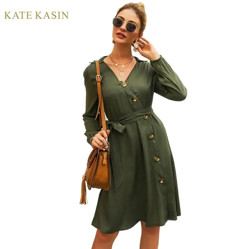 Kate Kasin офисное женское платье-рубашка с длинным рукавом длиной до колена