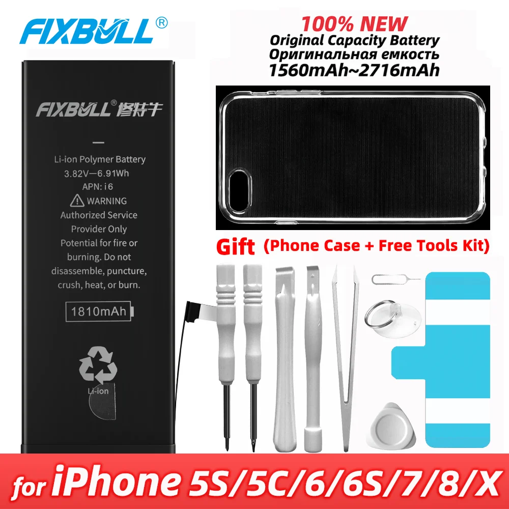 100% новый аккумулятор FIXBULL для Apple iPhone 5S 5C 6 6S 7 8 X, Сменный аккумулятор для iPhone6 iPhone7 iPhone8, набор инструментов бесплатно