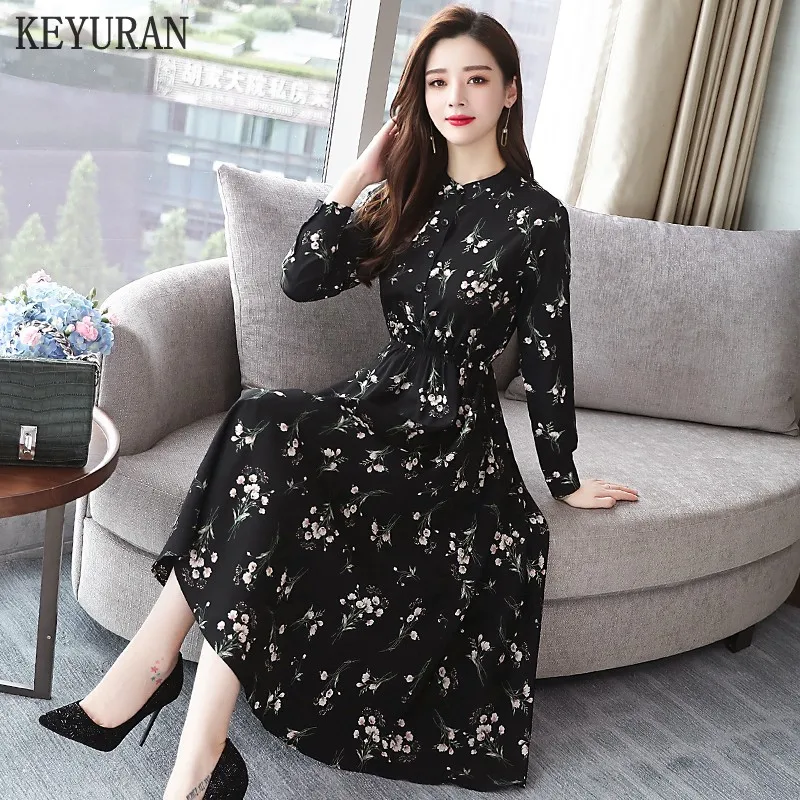 Весенне-осеннее черное винтажное цветочное шифоновое платье средней длины