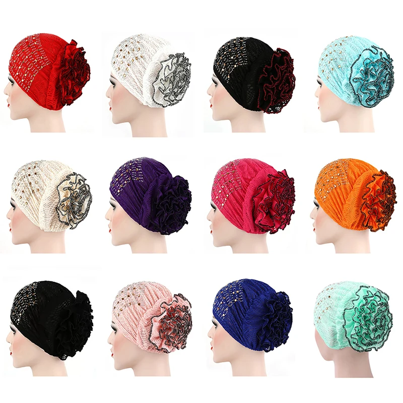 

2021 new hot selling women's lace hat soft lace flower African Muslim headwear soft hollow headgear