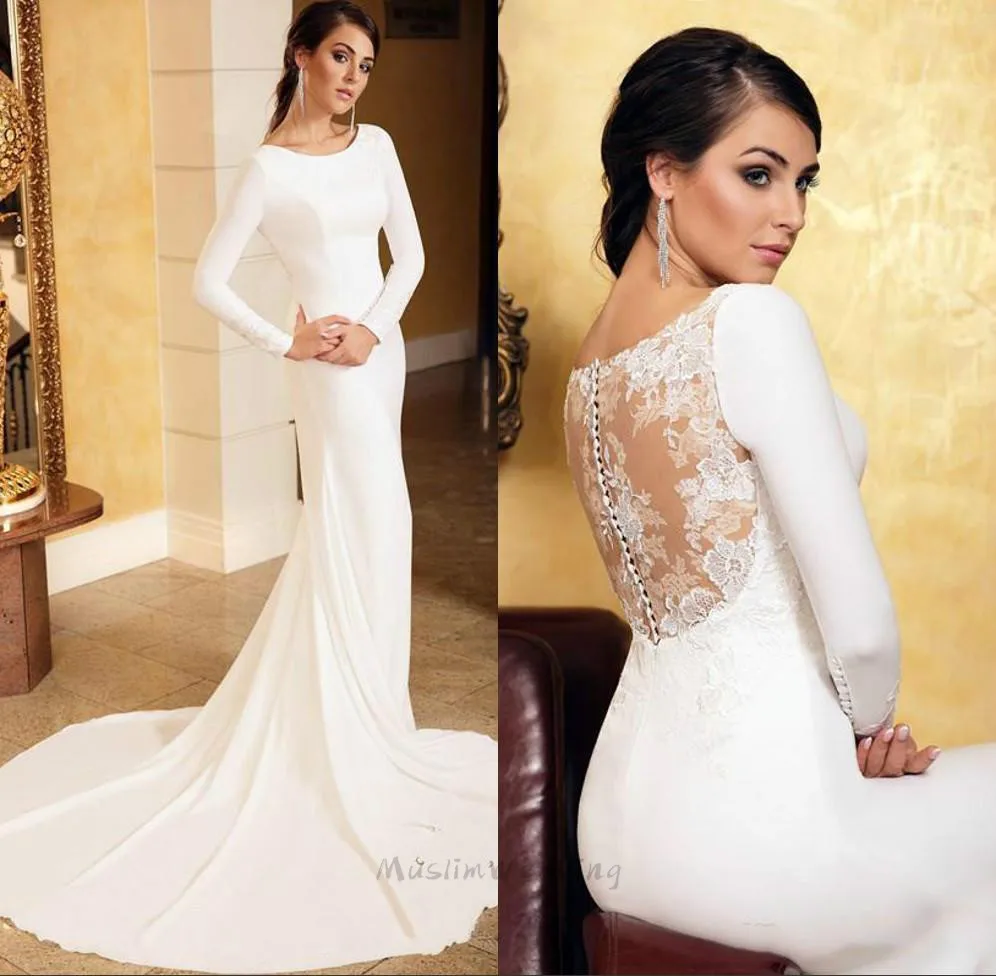 

Simple Satin Mermaid Wedding Dress 2020 Cheap Long Sleeve Summer Boho Beach Wedding Dresses Sweep Train Cheap Lace Bridal Gown