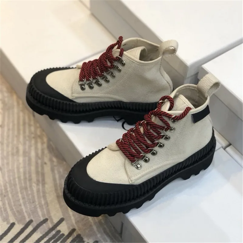 off white Ботильоны на шнуровке из хлопчатобумажной ткани Женская Осенняя обувь на нескользящей подошве Женская парусиновая обувь с высоким берцем обувь на плоской платформе, botas Altas Mujer - Color: off white