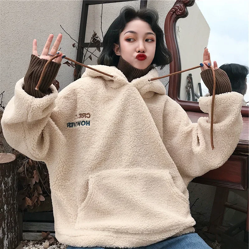 

Women Sweatshirt Spring Artificial Wool Hoodies Coats Warm Pullover Ladies Casual Winter Parka Outerwear Lamb Cashmere Tops