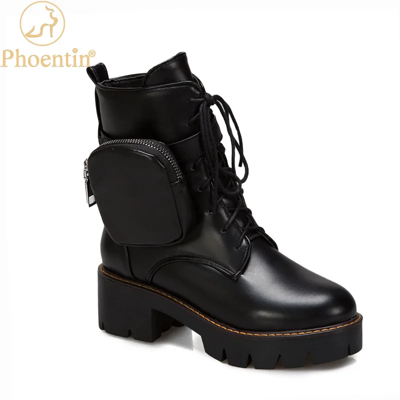 

Phoentin shoes woman ankle boots winter pocket bag botte femme brown cool shoes chunky high heels martin boots lace up FT1138