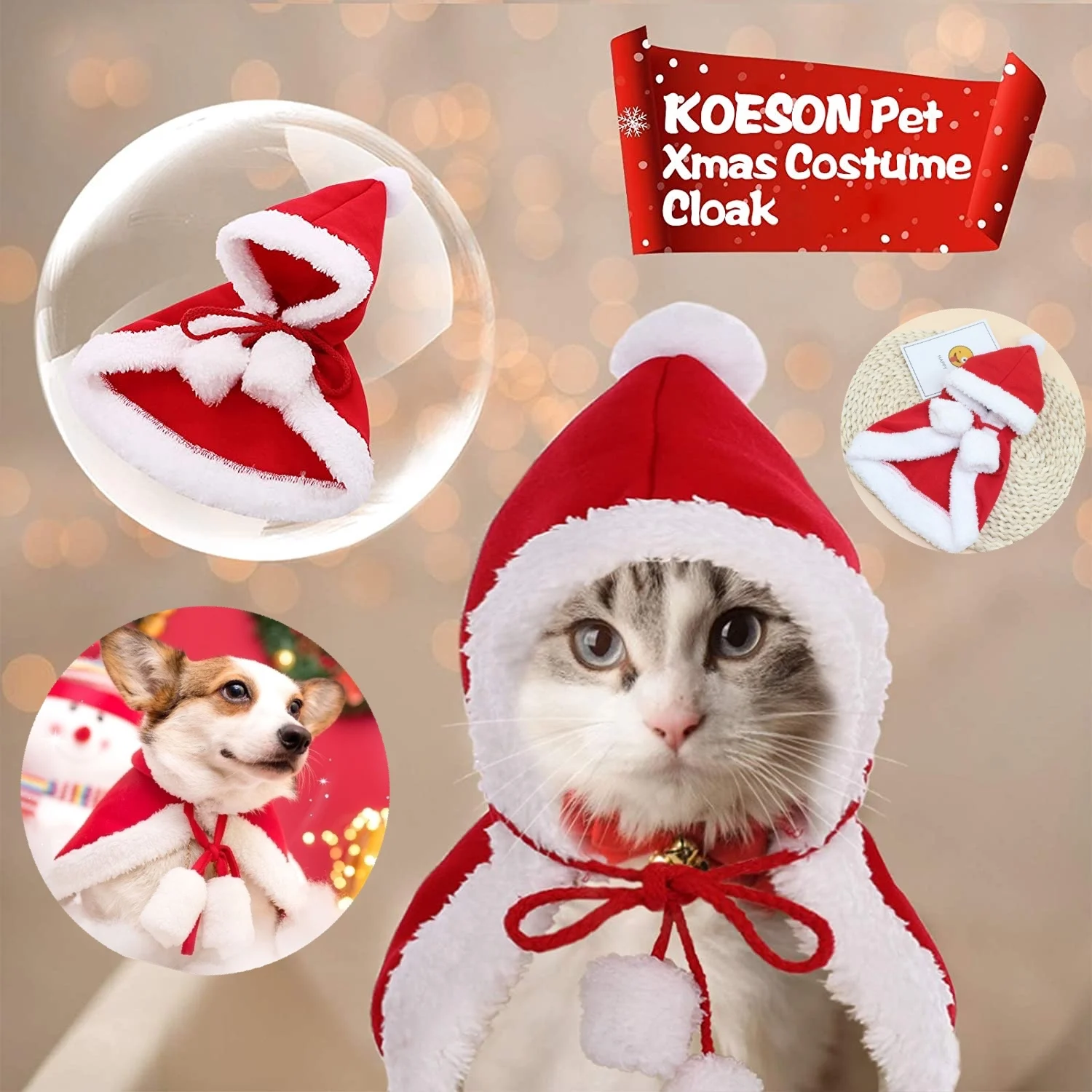

New Chrimas Pet Cat and Dog Cloak Red Hat Costume Christmas Dress Up Cosplay Cat Christmas Cloak New Year Suit Puppy Clothes