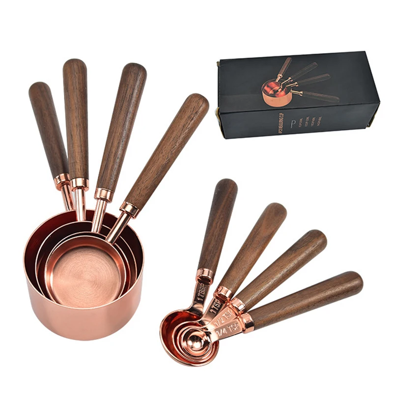 

4Pcs/Set Stainless Steel Plated Copper Rose Gold Measuring Spoons Baking Tea Coffee Spoon Thickened Wooden Handle Baking Tools