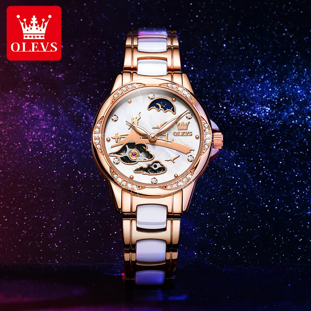 OLEVS Top Brand Luxury Women's Watches Automatic Mechanical Rhinestone Ceramic Wristwatch Elegant Ladies Bracelet Female Watch enlarge