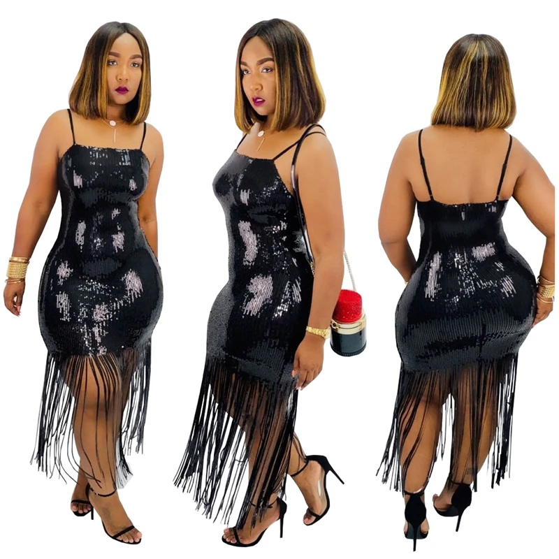 

Adogirl Fashion Sequins Tassel Women Sexy Dress Spaghetti Straps Bodycon Maxi Night Club Party Dresses Female Performance Dress