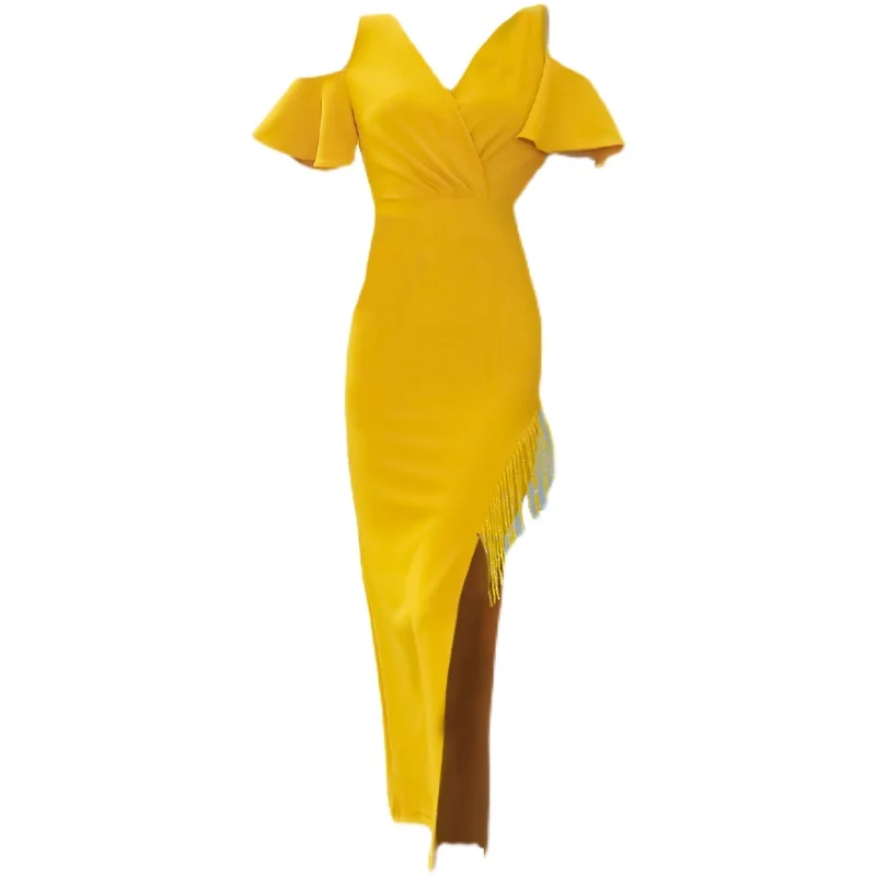 

Elegant Tassel Rhinestone Hip Skirt for Women 2021 New Sexy V-neck off-Shoulder Minimalist Waist Slimming Dress
