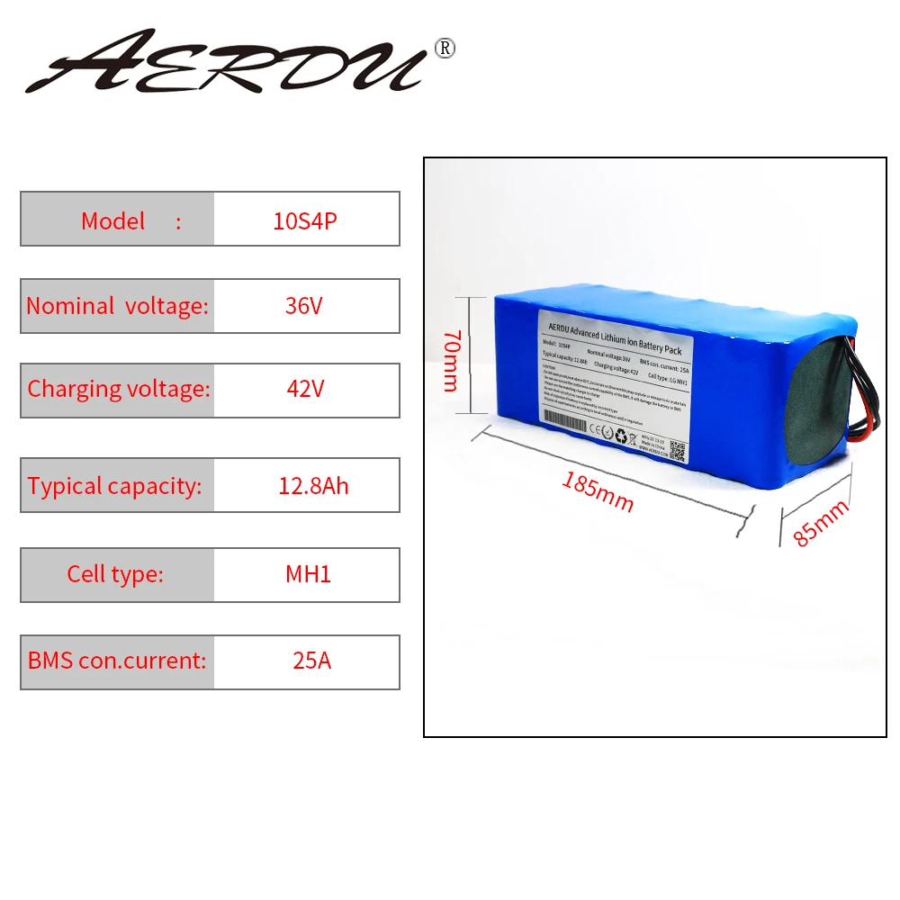 AERDU е-байка 36В 10S4P 12.8Ah для LGEBMH11865 13ah 12ah с 25A BMS 42V ионно-литиевая аккумуляторная батарея, фара для электровелосипеда в электромобиль электродвигатель трехколесный велосипед Скутер