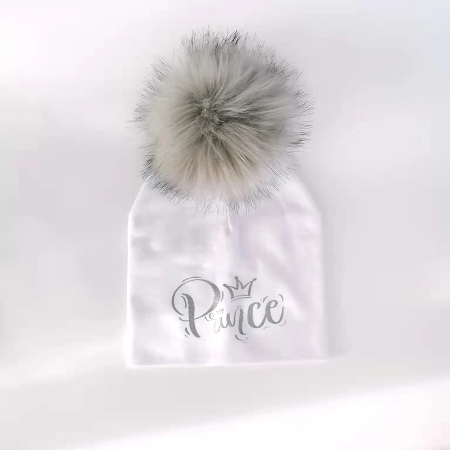 newborn fashion silver princess prince letter crown toddlers infant baby winter pompom hat for girls boys cap for baby kid child images - 6