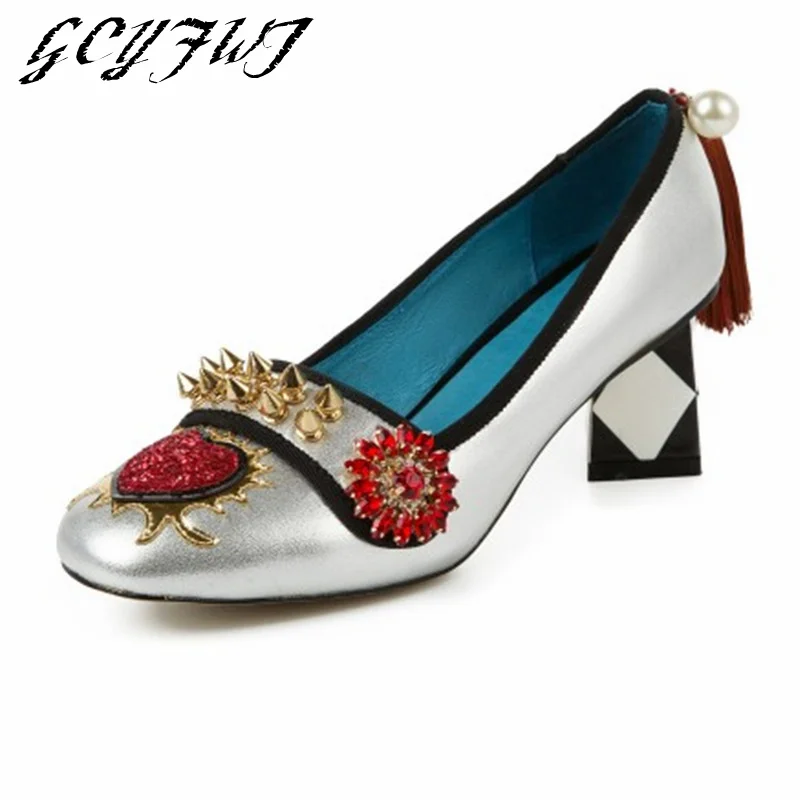 Women Single Shoes Contrasting Rivets Peach Heart Round Head Tassel High Heel Tenis Feminino Vintage Leather Zapatos De Mujer