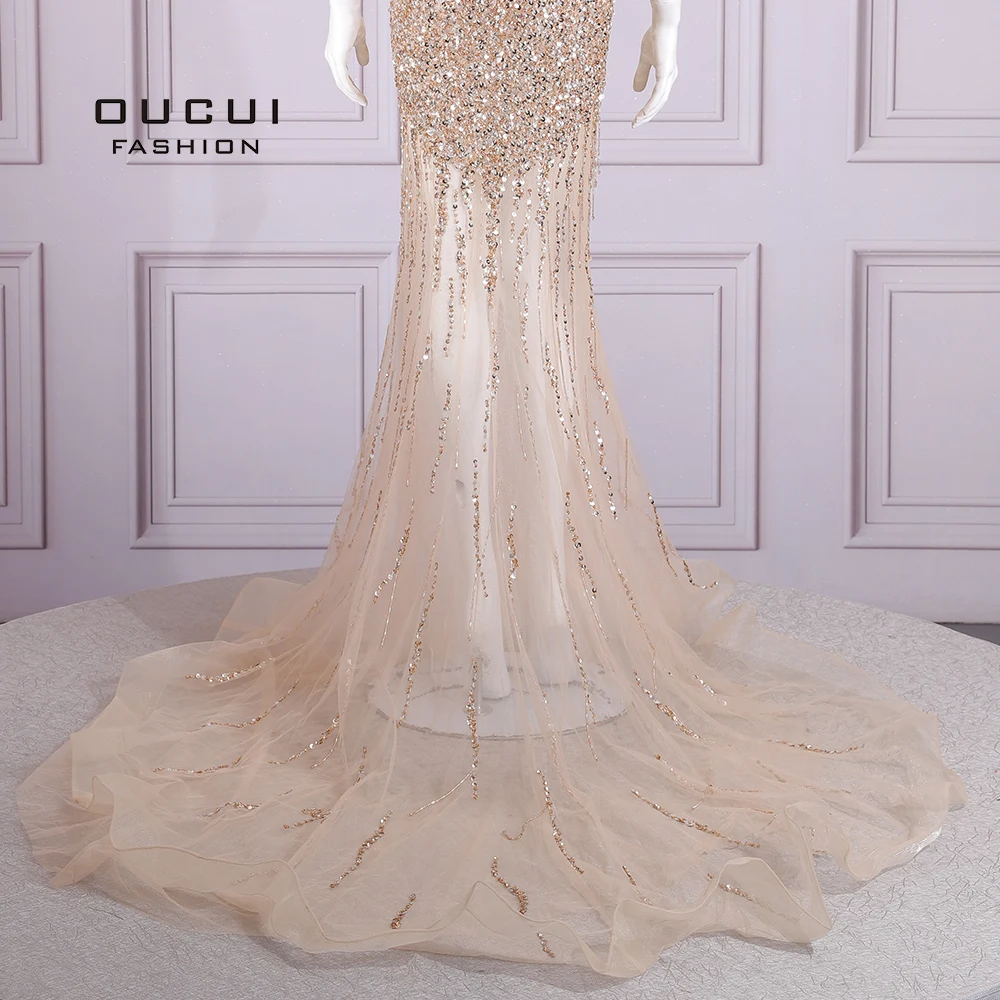 

Oucui Elegant O-neck Gold Long Mermaid Evening Dress 2020 Crystals Beaded Cap Sleeve Robe de Soiree Party Evening Gown OL103714