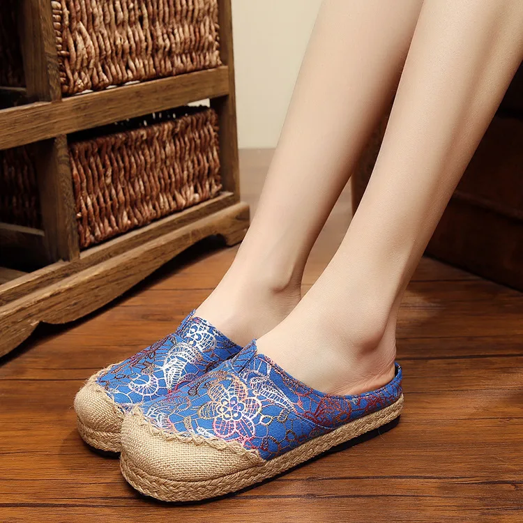 

Shoes On Heels Casual Female Sneakers Espadrilles For Women Round Toe Flats Summer Retro Dress TPR Ethnic Canvas Solid Basic Lei