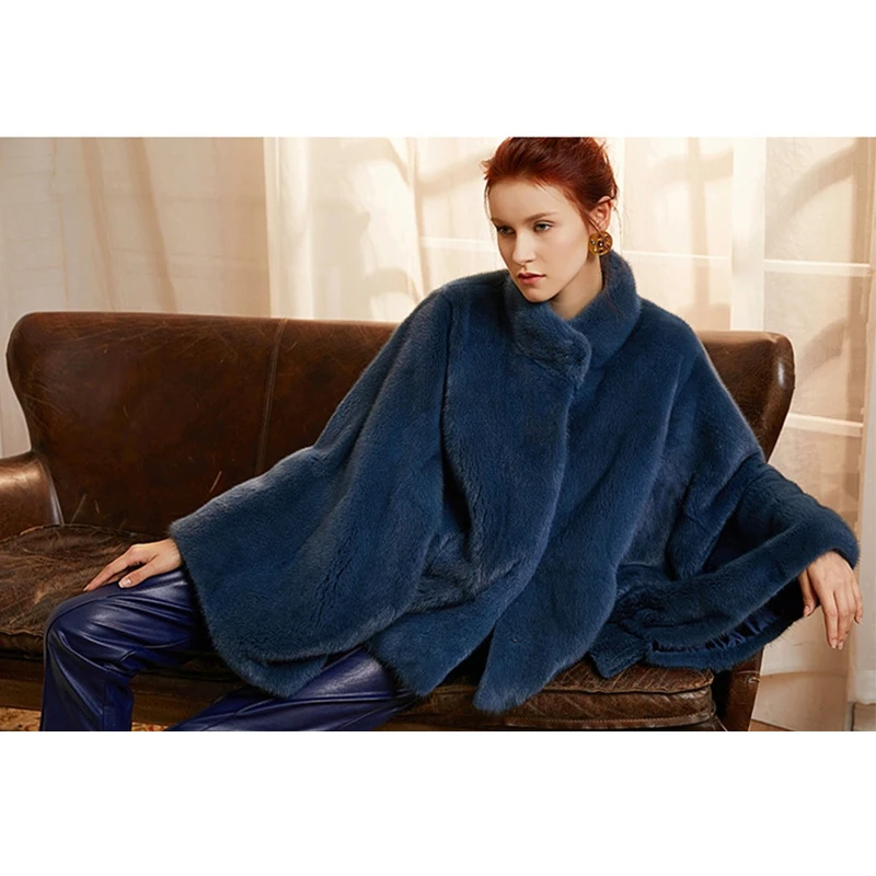 FURSARCAR New 2021 Natural Mink Fur Coats Women Winter Luxury Blue Color Outwear Flared Sleeves Whole Skin Real Fur Mink Jacket