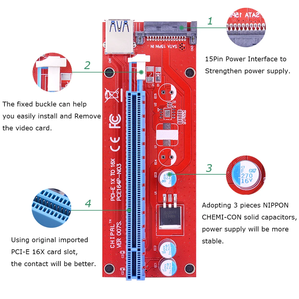CHIPAL 10 шт. 60 см VER007S PCI-E Райзер-карта PCI Express PCIE X1 до X16 удлинитель USB кабель 15