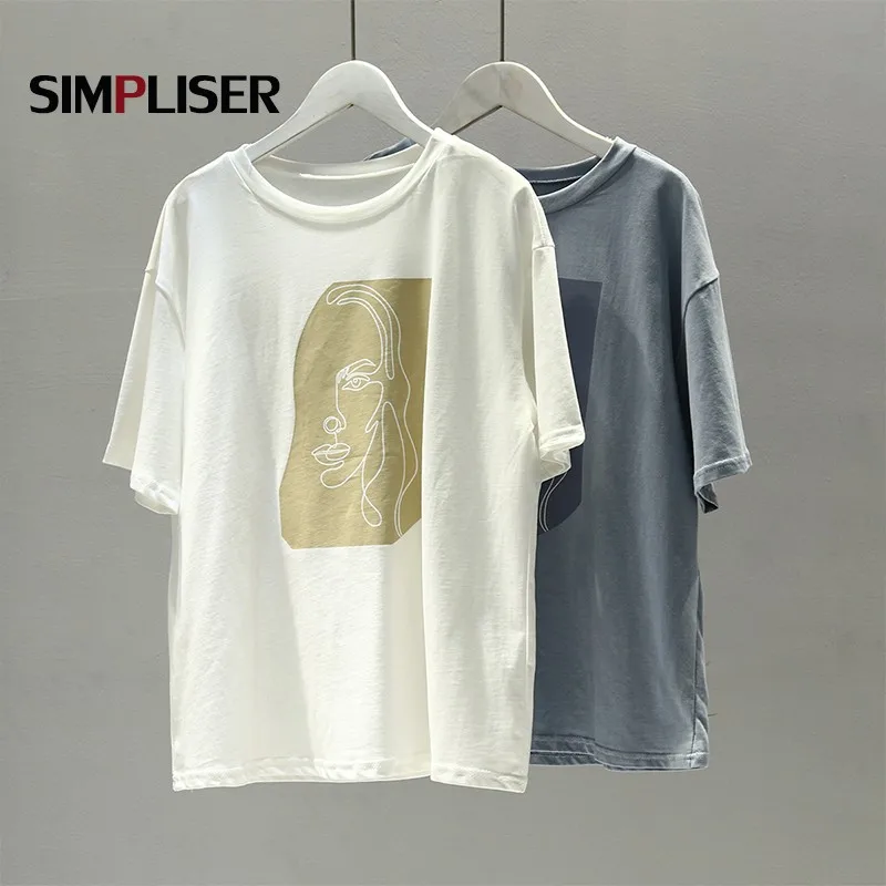 Свободные хлопковые футболки для женщин летние Графические белого и синего