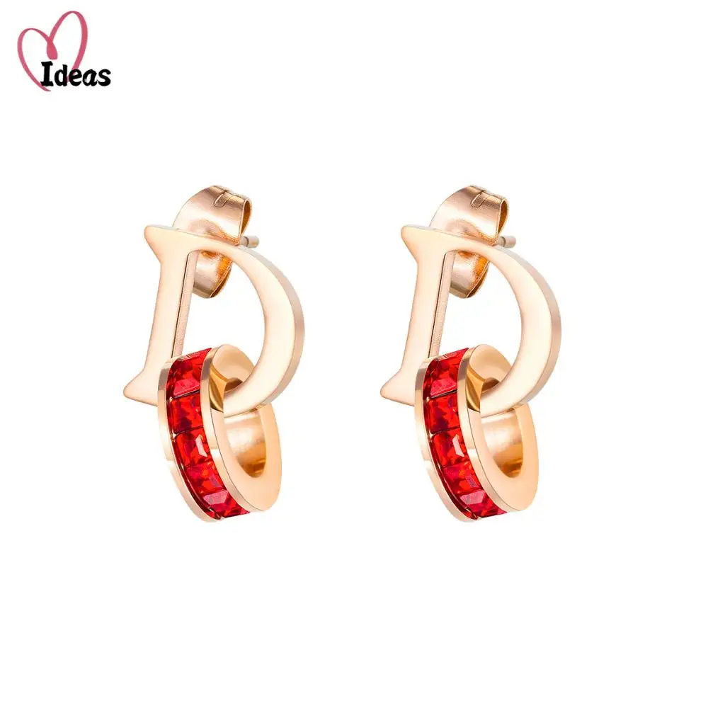 

New Arrival Stainless Steel Red/White Clay Rhinestone Letter D Stud Earrings For Women Rose Gold Heart CZ Crystal Christmas Gift