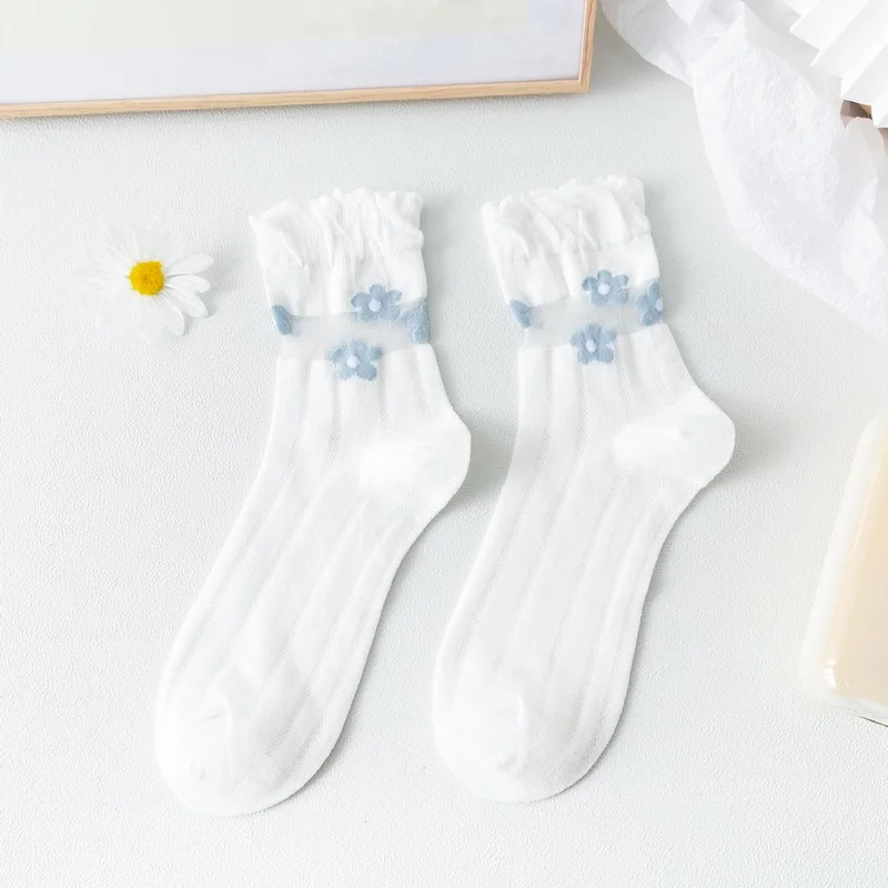 

Crew Socks Women Blue Striped Floral Woman Sock Flower Print Solid Soft Sox Cartoon Ladies Spring Summer Lady Calcetines Hombre