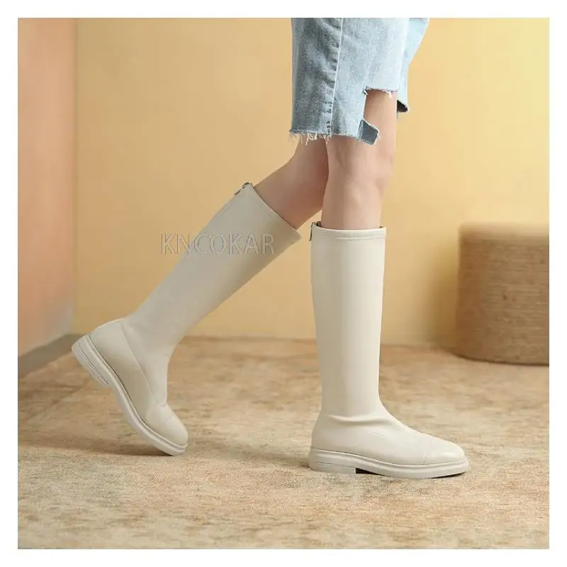 2021 autumn and winter casual round toe thick heel top layer cowhide fashion boots rear zipper low heel high boots women