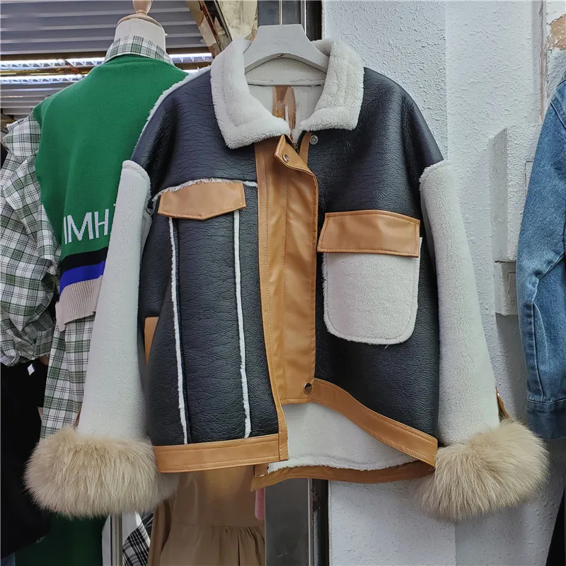 

Autumn Winter Faux PU Leather Patchwork Lamb Fur Coat Fashion Long Sleeve Faux Fox Fur Cuff Irregular Hem Female Short Outerwear
