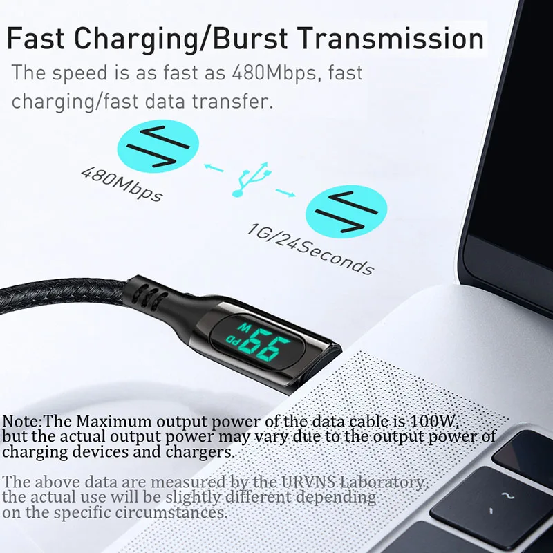 Кабель URVNS 100 Вт Type-C на USB C со светодиодным дисплеем 5A USBC кабель для быстрой