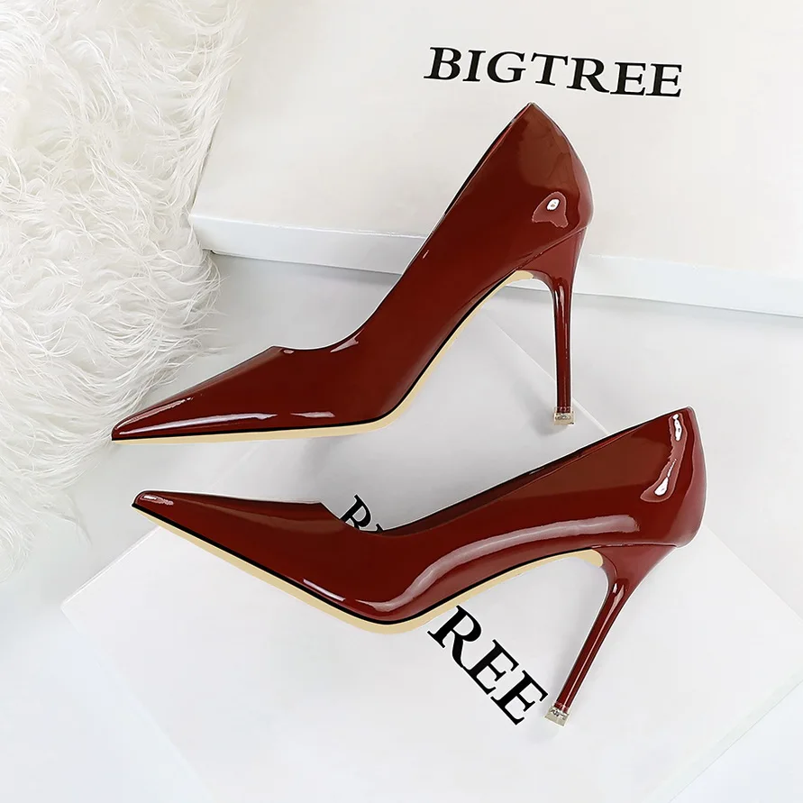 BIGTREE New Women Pumps Brand High Heels Black Patent Leather Pointed Toe Sexy Stiletto Shoes Woman Ladies Plus Big Size 42 43