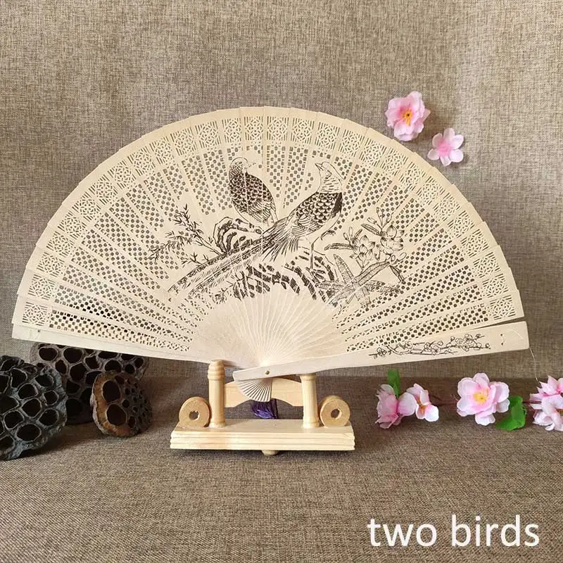 1Pcs Chinese wood carving printing Vintage antique craft fan Incense wood lady folding fan