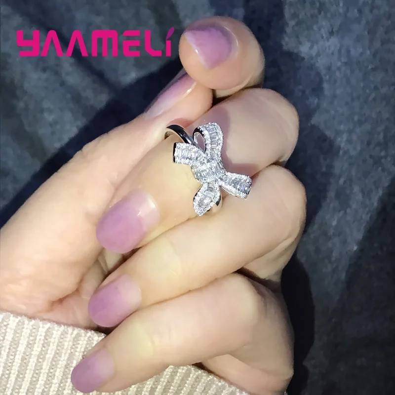 

925 Sterling Silver Bowknot CZ Crystal Mirco Inlay Fashion Cocktail Party Rings for Women Size 5-11 Wholesale Bulk