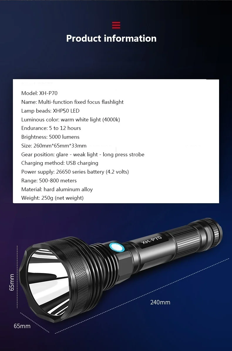 Comprar Potente Led USB Recargable XHP70 Luz Táctica 26650 Linterna Para El Campo Antorcha