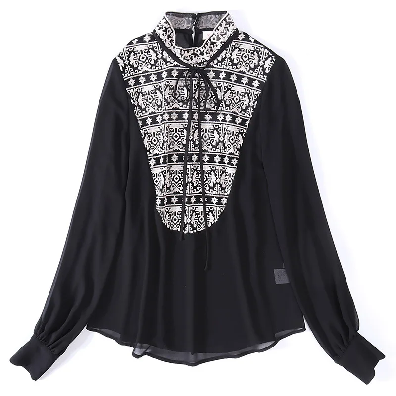 

Ladies Vintage Chiffon Blouses 2019 Autumn New European Paris Fashion Stand Collar Long Sleeve See Through Embroidery Blouses