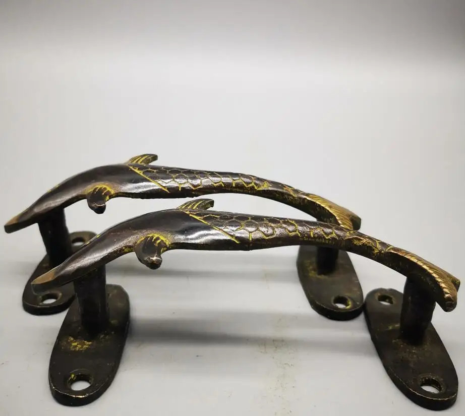 

China brass ancient fish door handle crafts statue A pair