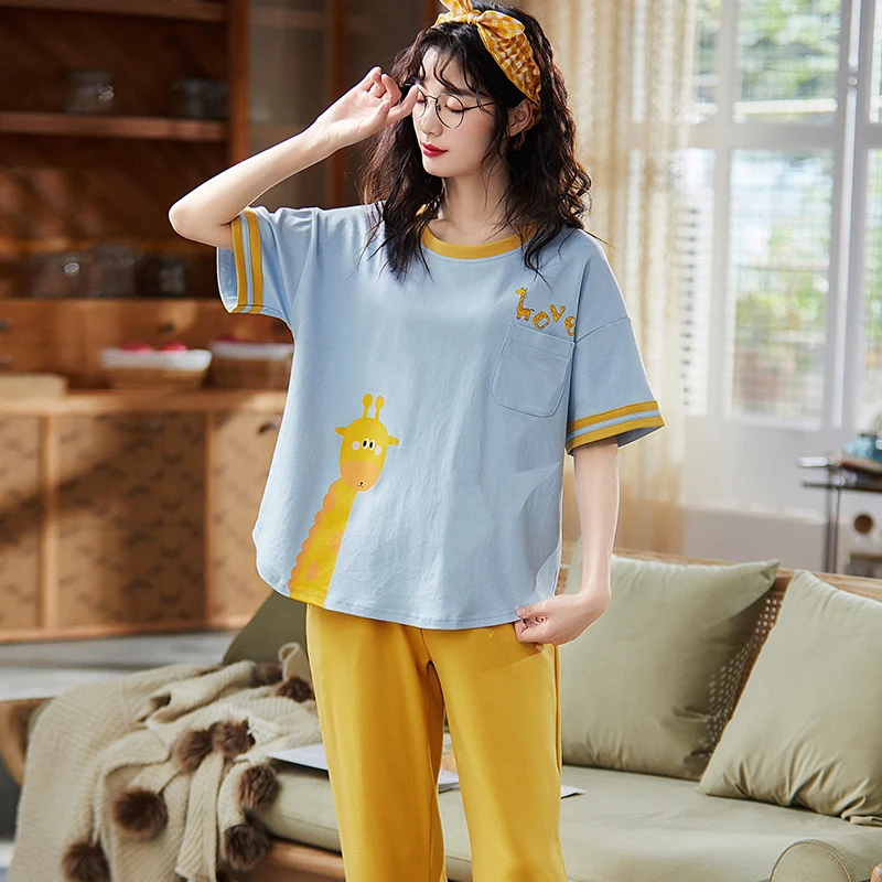 

Short Sleeve Loose Soft Korean Female Sleepwear Fashion Casual Ladies Pajamas Suit Summer Cotton Cute Cartoon Deer Homewear Suit