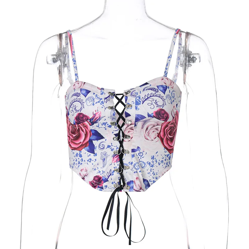 

2021 New Printing Deep V-Neck Bandage Crop Top Fashion Women Sleeveless Backless Skinny Slim Camisole Beach Vacation Camisole