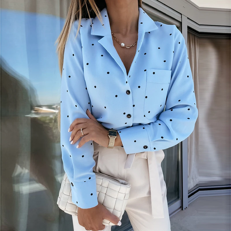 

Pockets Polka Dot Printed Casual Women Blouse Ladies Long Sleeve Turn Down Collar Office Work Fashion 2021 Autumn Tops