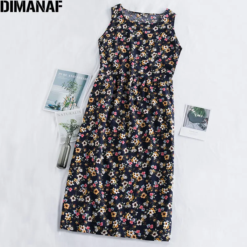 Женское Макси платье без рукавов DIMANAF хлопковый свободный сарафан с цветочным