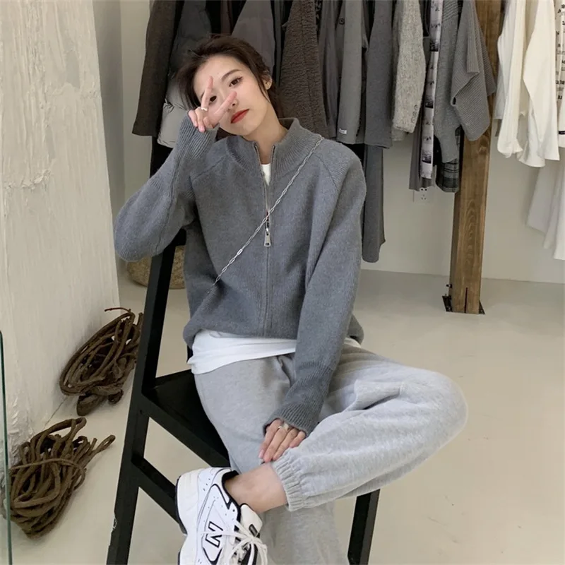 

Knitted Cardigan for Women 2021 Winter Zipper Casual Women's Sweater O-Neck Cardigan Woman Solid Korean Fashion Sweater Female