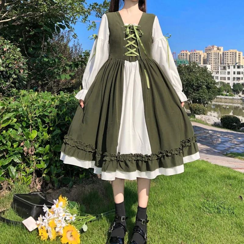 

Chiffon Dress Women Autumn Long Sleeve Sailor Collar Lacing Ruffles Patchwork Lolita Style Dress for Sweet Girl Kawaii Clothes