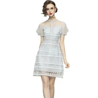 lukaxsikax 2021 new summer women short sleeve slim mini dress high quality mesh patchwork crochet light blue lace dress
